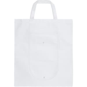 A white foldable non-woven shopping bag with two handles and a front pocket, featuring a logo.