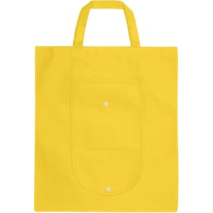 A foldable non-woven shopping bag in bright yellow, featuring a front pocket and dual handles.