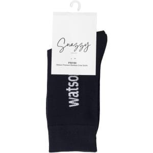 A pair of black bamboo socks featuring white text, displayed with a tag showing the brand name and product details.