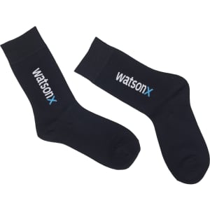 A pair of black socks featuring a logo, with a ribbed top and a smooth finish.