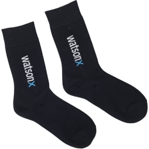 A pair of black socks featuring a logo in white and light blue. The socks are ankle-length.