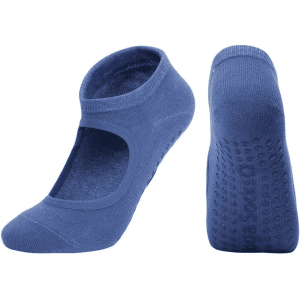 A pair of blue yoga socks with an open top and textured soles for grip, featuring a logo on the side.