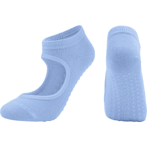 Light blue open top yoga socks featuring non-slip grip on the sole and a snug fit. Includes a logo on the side.