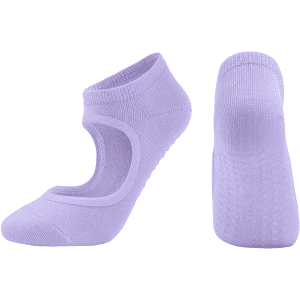 Open top yoga socks in a soft lilac colour, featuring grips on the sole and an elasticated ankle band.