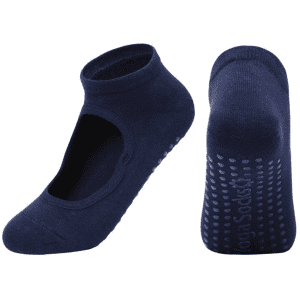 A pair of navy yoga socks with an open top and textured grip on the soles. The socks feature a logo.
