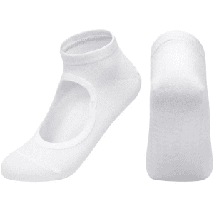 A pair of white open-top yoga socks featuring a non-slip design and a comfortable fit.
