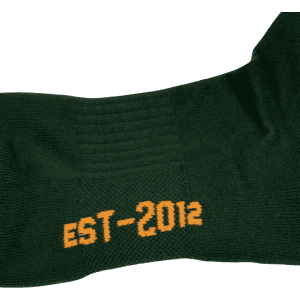 A pair of green socks featuring the year "EST 2012" in orange. The socks have a textured design and a logo.