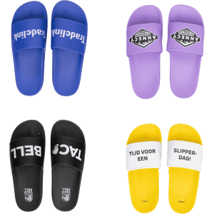 Four pairs of PVC slides in blue, purple, black, and yellow, each featuring different designs and logos.