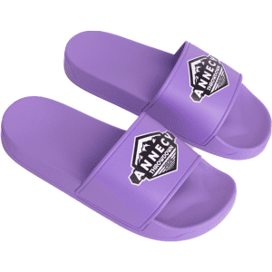 Purple PVC slides featuring a branded strap. The design is simple and modern.