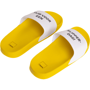 Yellow PVC slides with white straps featuring text, showcasing a casual and vibrant design.