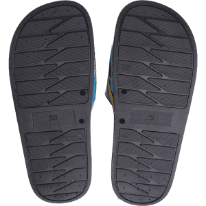 A pair of black and blue PU sublimated slides, featuring textured soles and numbering on the underside.