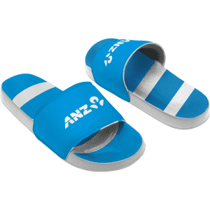 Bright blue slides featuring a wide strap and a white branding logo, set on a light grey sole.