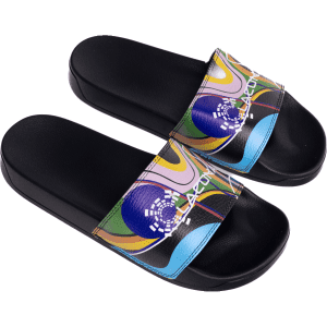 PU sublimated slides featuring a colourful patterned strap and a black footbed. The product has a logo on the strap.