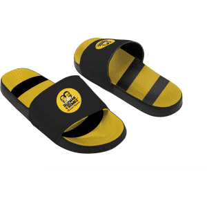 Black and yellow Bondi EVA slides with a branding logo on the upper strap.