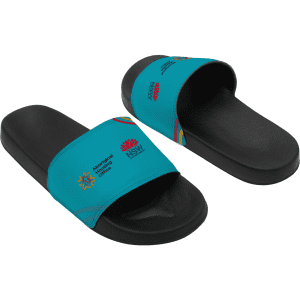 A pair of teal PU slides with a black sole, featuring a logo on the strap and colourful accents.