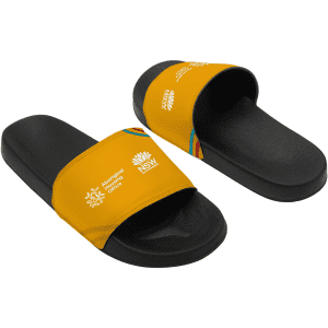 Yellow PU sublimated slides with a black base, featuring a logo on the strap.