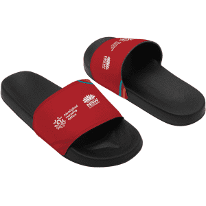 Red PU sublimated slides featuring a black sole and a branding logo on the strap.