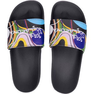 A pair of PU sublimated slides featuring a colourful abstract design with a black strap and a logo.