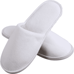 White hotel slippers with a soft texture and simple design, featuring a subtle branding logo.