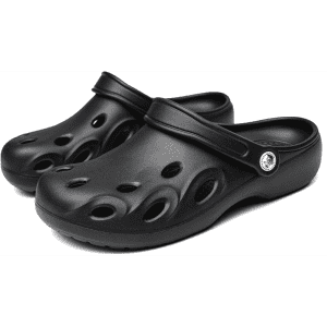 Black clog slides with ventilation holes and a strap, featuring a logo on one side.