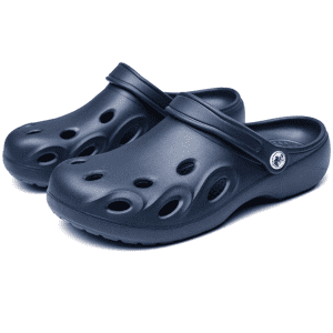 Navy blue clog slides with ventilation holes and a swivel strap, accompanied by a logo.