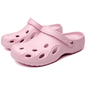 Pink clog slides with ventilation holes and a strap, featuring a logo on the side.