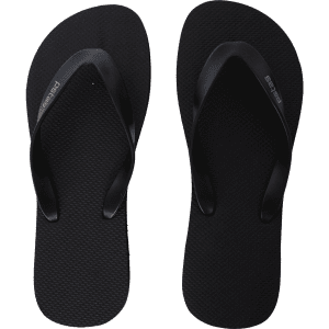 A pair of black rubber thongs with a textured footbed and a logo on the straps.