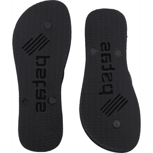 A pair of black rubber thongs with patterned soles, featuring a logo.