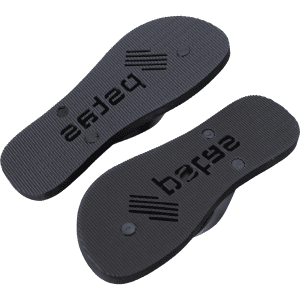 A pair of black rubber thongs with a textured sole and branding on the underside.