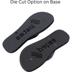 A pair of black thongs with a textured sole, featuring a die-cut design on the base and branding.