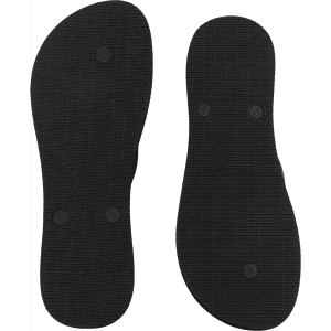 Black rubber thongs with a textured sole pattern, featuring a logo on the footbed.