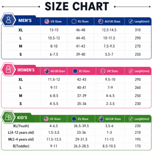A size chart listing measurements for men's, women's, and kids' footwear, including US, EU, and AU/UK sizes.
