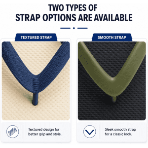 A close-up of two types of straps for thongs: one textured in navy and one smooth in olive green.