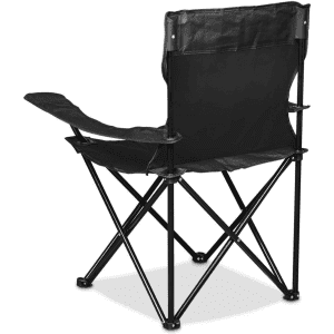 A black folding chair featuring a lightweight frame and fabric seat, designed for easy portability.