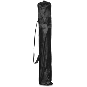 A black carrying bag for a folding chair, featuring a drawstring closure and an adjustable shoulder strap.