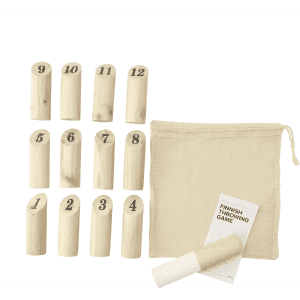 A wooden Molkky throwing game set featuring numbered pins and a carry bag, all in a natural wood finish.
