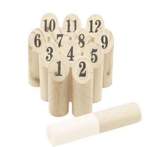 Wooden throwing game set featuring numbered pins in natural wood, accompanied by a throwing stick.