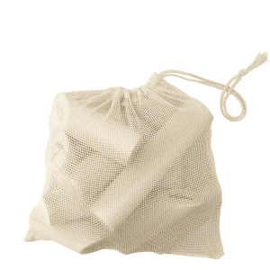 A cream-coloured mesh bag containing wooden pieces of the Molkky throwing game, tied securely at the top.