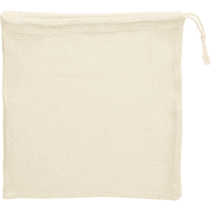 A light cream-coloured mesh bag with a drawstring closure. The bag has a textured pattern.