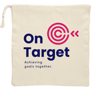 A drawstring bag in cream colour with a logo featuring a target design and text.