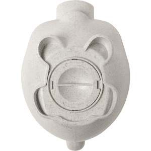 A grey piggy bank in the shape of a pig with a round coin slot and a circular base. Features a simple design.