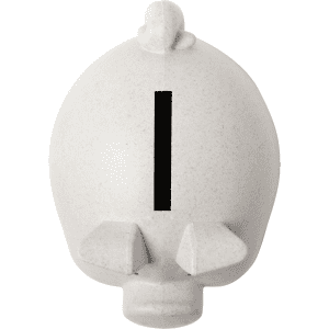 A white piggy bank in a cartoonish pig shape with a vertical slot on top and flat ears.