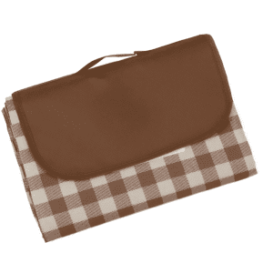 A brown and cream checkered PVC picnic blanket folded with a flap. It features a carry handle for easy transport.