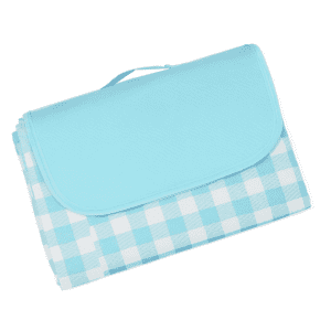 A light blue picnic blanket with a checkered design, neatly folded and secured with a flap. Features a handle for easy carrying.