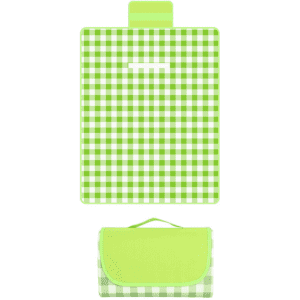 A green and white checkered picnic blanket, folded with a carry handle on top. It features a logo.