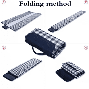 A picnic blanket in a checkered pattern, displayed in various stages of folding. It has a dark carry handle.