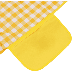 A yellow and white checked picnic blanket featuring a solid yellow pocket. It has a branded logo on the corner.