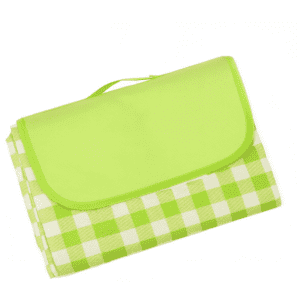 A green and white checkered picnic blanket, with a flap and carry handle, featuring a logo on the front.