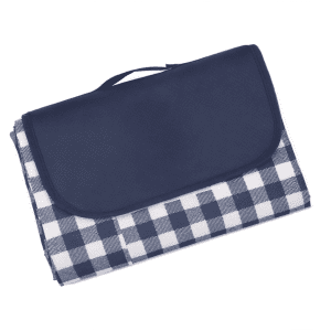 A navy blue and white checkered picnic blanket, neatly folded with a matching carry handle. It features a logo.