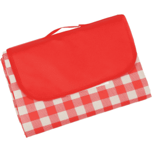A red and white checkered picnic blanket, folded with a red carry handle. The blanket features a waterproof backing and branding.